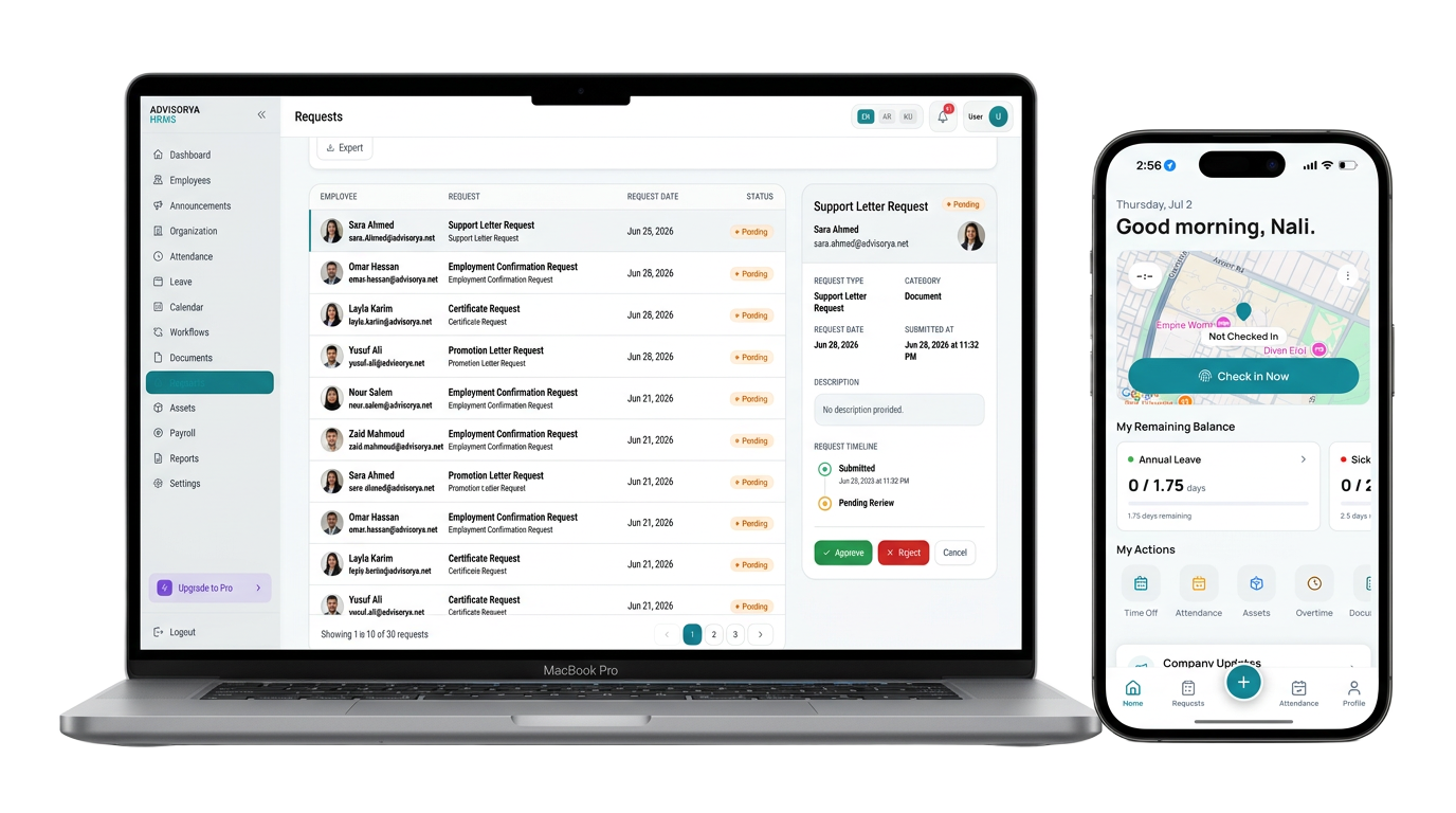 ADVISORYA HRMS on laptop and mobile